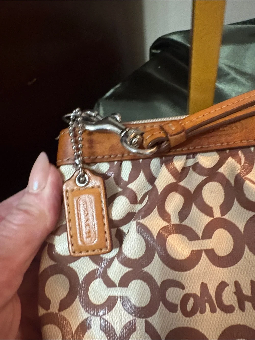 Coach Vintage Signature Brown Leah Op Art wristlet coated canvas leather trim